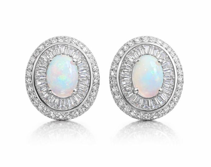 Genuine Fire Opal and CZ Halo Stud Earrings Oval Opal Diamond-Style Studs 925 Sterling Silver Vintage-Inspired Earrings