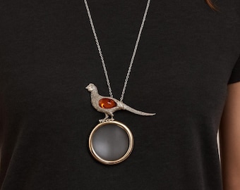 Antique Inspired Collectable Amber Bird Magnifying Glass Pendant 925 Sterling Silver