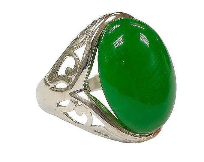 Art Nouveau Design Green Agate Statement Ring 925 Sterling Silver Hallmarked