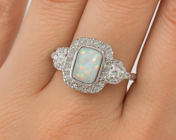 Gilson Opal and CZ Diamond Round Ring 925 Sterling Silver