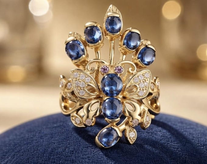Natural Blue Sapphire Statement Ring, 925 Sterling Silver Gold Plated, Vintage Inspired Floral Cluster Ring, Unique Cocktail Jewelry Gift