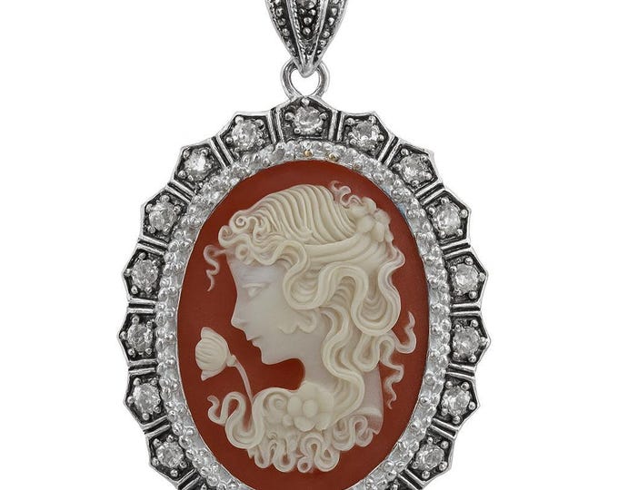 Vintage Style Silver Plated Cameo Pendant Necklace Oval Lady Profile with Marcasite and CZ Accents Victorian Inspired Statement Jewelry