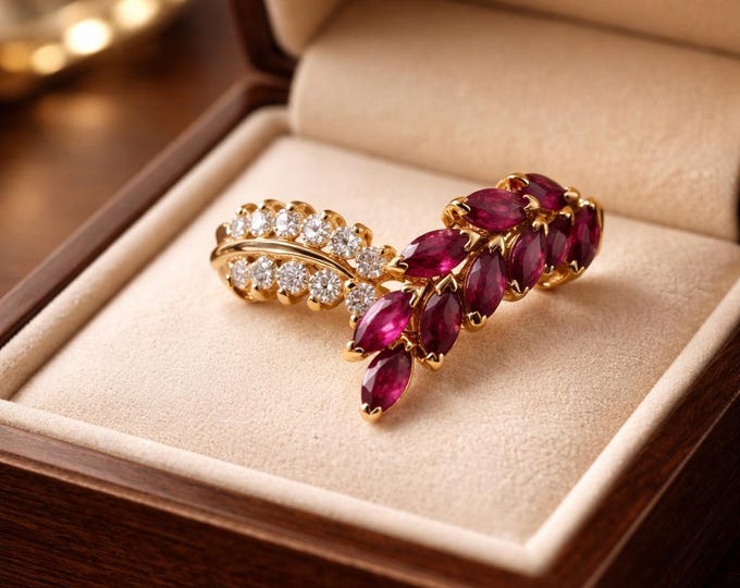 Vintage Contour Ruby and Diamond Ring in 14k Yellow Gold
