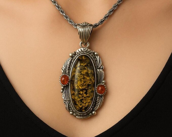 Art Nouveau Inspired Green and Honey Amber Floral Pendant 925 Sterling Silver