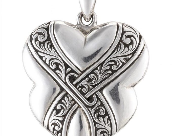 925 Sterling Silver Heart Pendant Intricate Scrollwork Vintage Style Necklace Mother of Pearl and Malachite Back