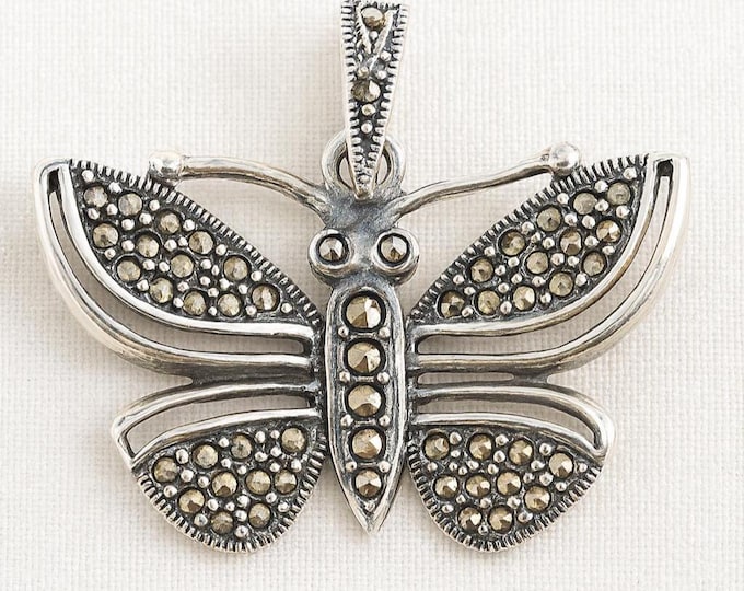 Vintage Marcasite Butterfly Pendant 925 Sterling Silver Necklace, Art Deco Style Jewelry Gift for Her, Statement Silver Butterfly Charm