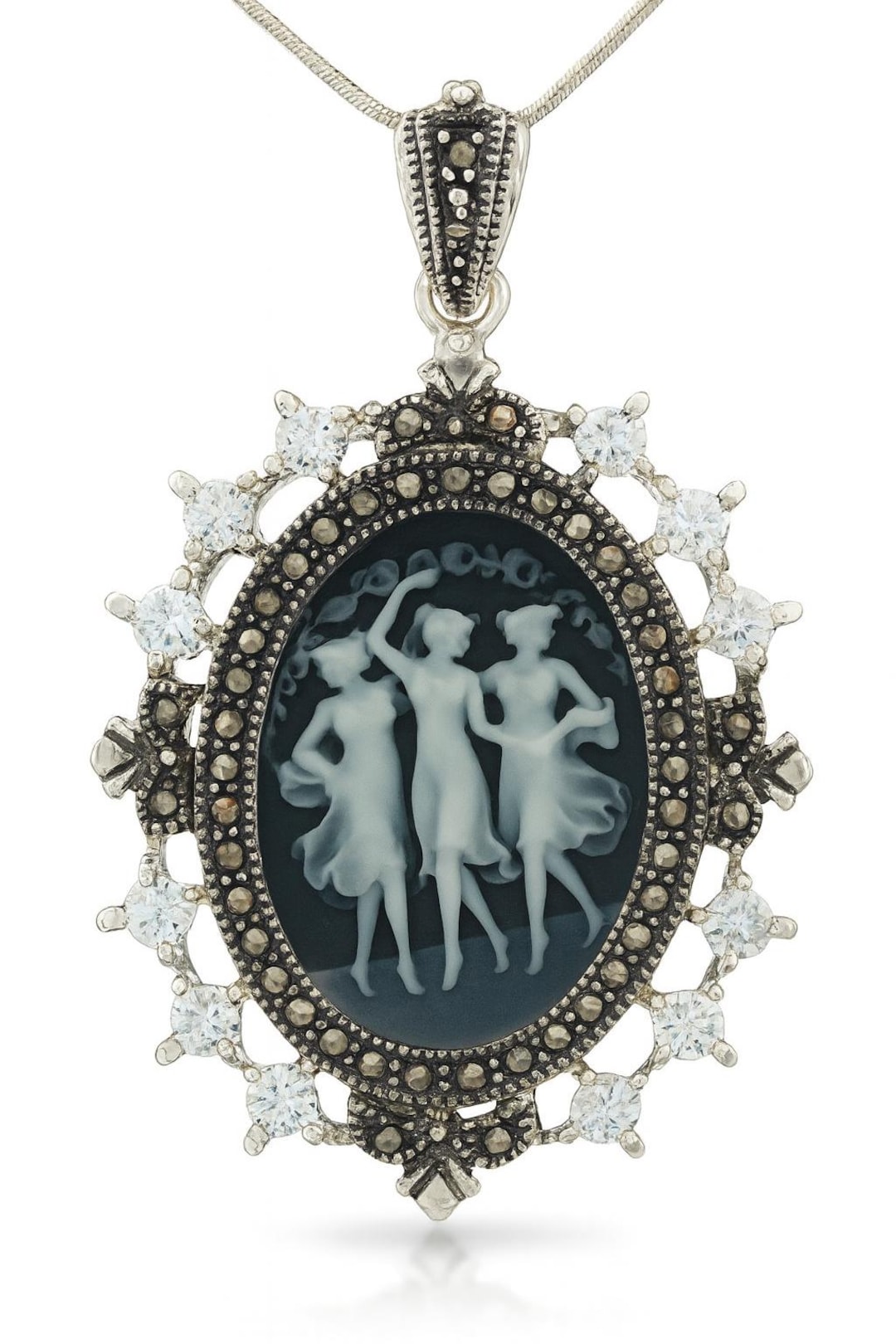 ネックレス・ペンダント Silver950 & Agate Cameo necklace Sterling Silver Plated Cameo Pendant Necklace, Marcasite & CZ