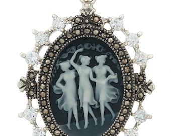 Sterling Silver Plated Cameo Pendant Necklace, Marcasite & CZ, Victorian Style