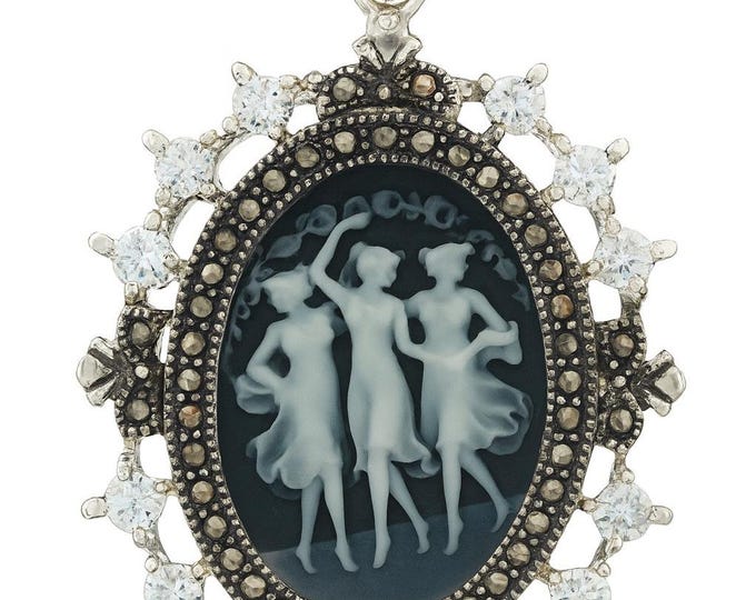 Vintage Style Silver Plated Cameo Pendant Necklace Oval Three Graces with Marcasite and CZ Accents Victorian Inspired Statement Jewelry