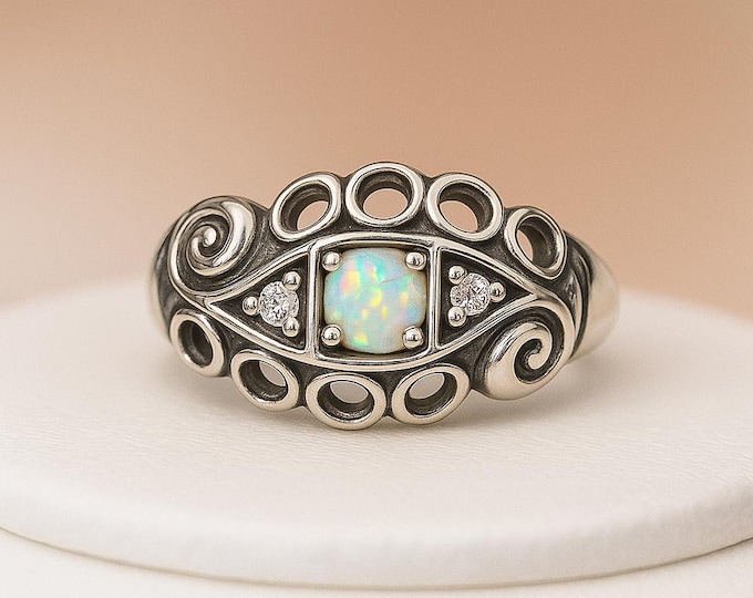 925 Sterling Silver Ring Art Nouveau Filigree Ring Vintage Style White Opal, Ruby and Emerald Unique Gift for Her