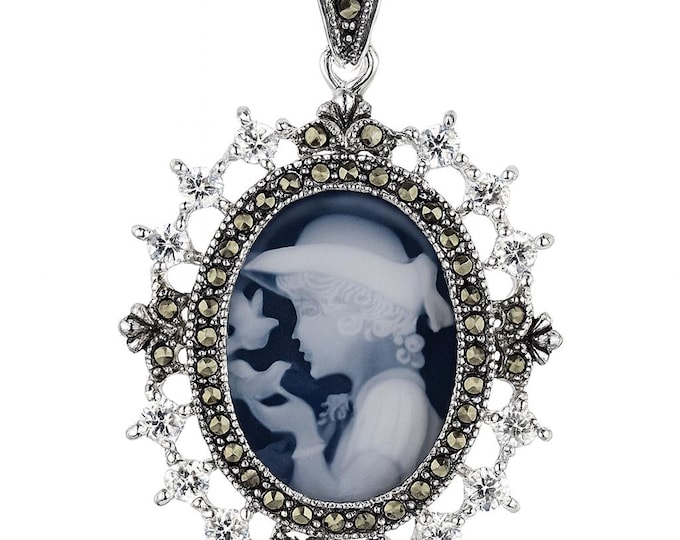 Vintage Style Silver Plated Cameo Pendant Necklace Oval Lady Profile with Marcasite and CZ Accents Victorian Inspired Statement Jewelry
