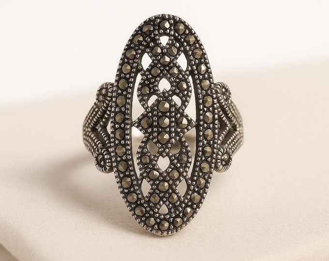 Vintage Style Sterling Silver Filigree Ring with Marcasite Accents Art Deco Statement Jewelry