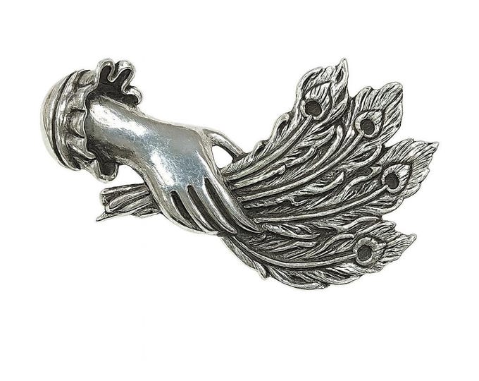 Victorian Style Sterling Silver Hand Brooch with Peacock Feather Bouquet Vintage Inspired Jewelry Pin