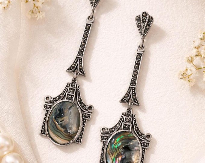 Art Deco Abalone Sterling Silver Dangle Earrings