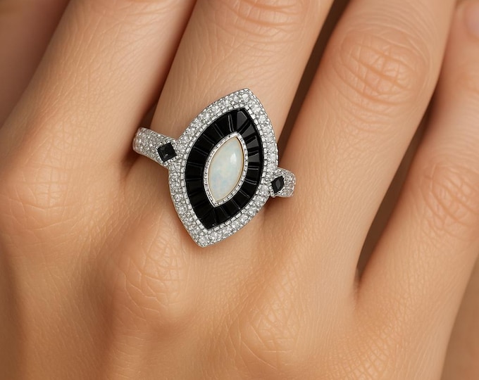 Gilson Opal and CZ Diamond Ring 925 Sterling Silver