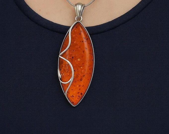 Art Nouveau Inspired Honey Amber Leaf Pendant 925 Sterling Silver