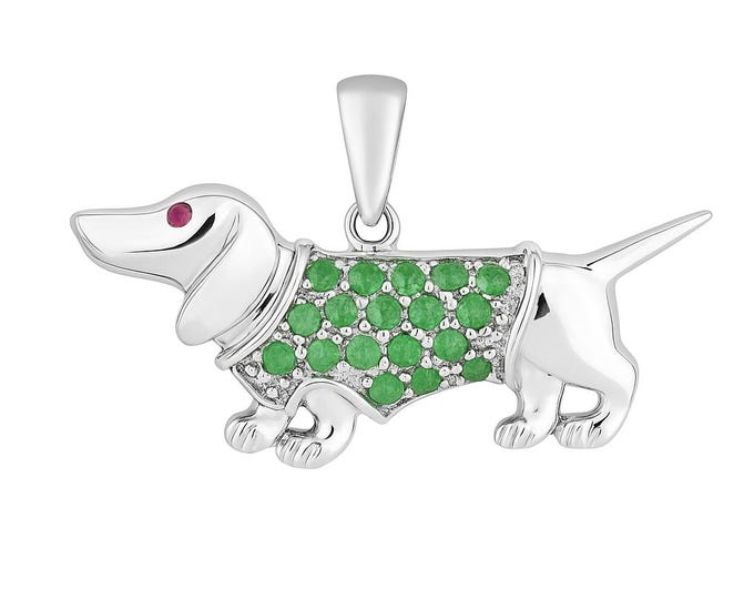 Antique Inspired Dachshund Dog Emerald and Ruby Pendant Collectable 925 Sterling Silver Dog Lover Gift