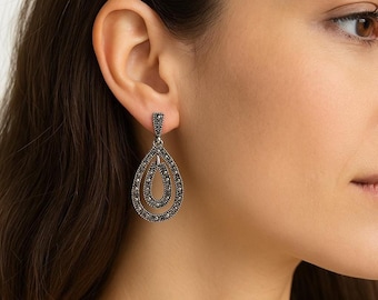 Vintage Sterling Silver Earrings with Marcasite Art Deco Dangle Drop Earrings, Elegant Gift for Her