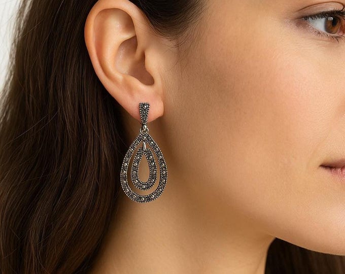 Vintage Sterling Silver Earrings with Marcasite Art Deco Dangle Drop Earrings, Elegant Gift for Her