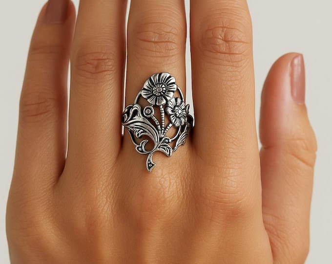 Vintage Style 925 Sterling Silver Floral Marcasite Statement Ring Art Nouveau Silver Jewelry for Women