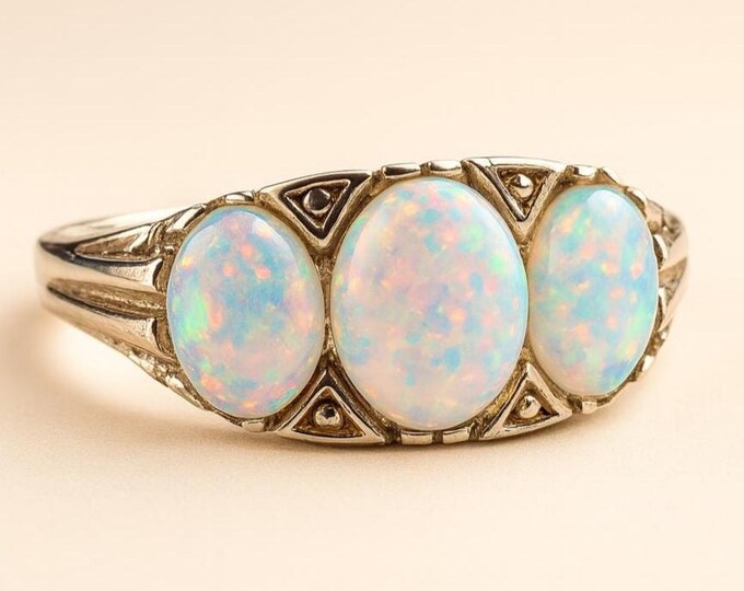 925 Sterling Silver Gilson Opal Ring Three Stone Blue Opal Band Vintage Style Opal Statement Ring October Birthstone Gift for Her