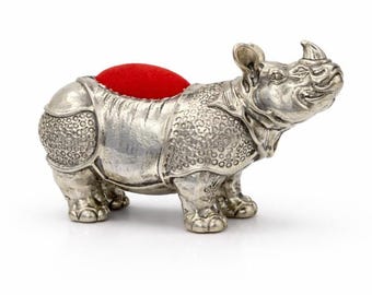 Vintage Silver Plated Rhinoceros Pin Cushion, Collectible Sewing Accessory