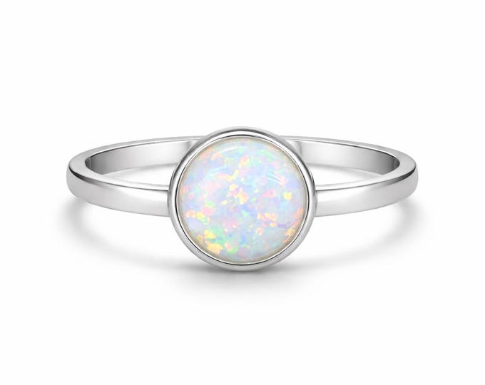 Round White Gilson Opal Ring, 925 Sterling Silver