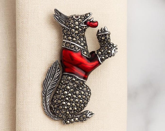 Vintage Heraldic Wolf Brooch 925 Sterling Silver & Red Enamel Marcasite Pin, Gothic Medieval Style Jewelry, Collectible Gift