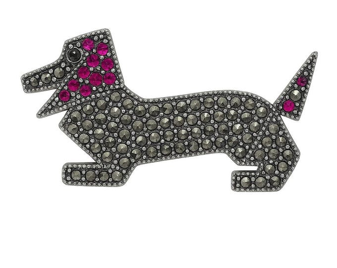 Antique Style Ruby and Marcasite Dachshund Dog Brooch 925 Sterling Silver