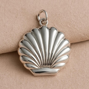 May include: A silver seashell pendant with a detailed, ridged design. The pendant has a loop at the top for a chain and is set against a neutral background. The pendant is approximately 5 cm wide.
