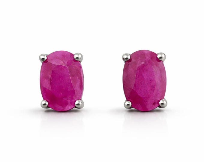 Natural Oval Blue Sapphire and Ruby Stud Earrings in 925 Sterling Silver Classic Sapphire and Ruby Studs