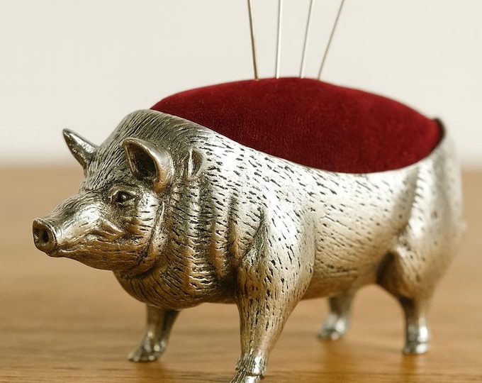 Silver Plated Pig Pin Cushion Vintage Style Sewing Accessory with Burgundy Velvet Top Collectible Animal Pincushion Gift