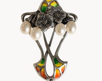 Art Nouveau Inspired Enamel Plique a Jour Ruby Floral Pearl Brooch 925 Sterling Silver