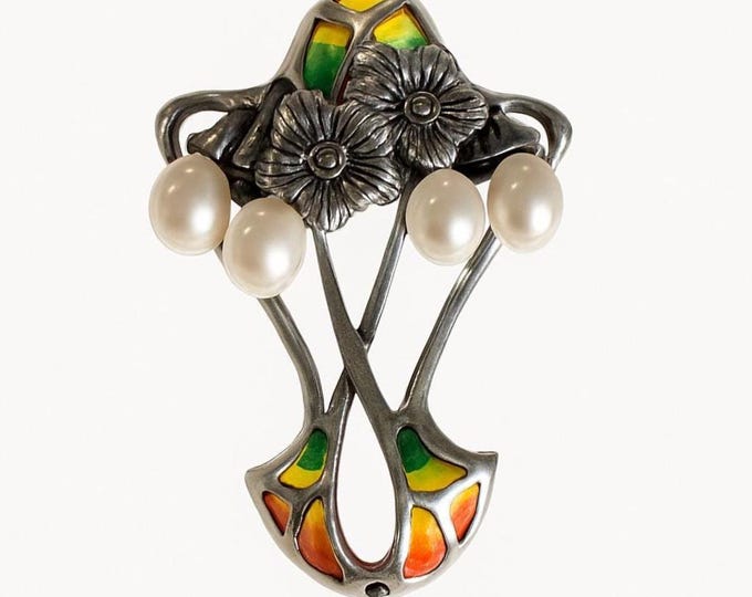 Art Nouveau Inspired Enamel Plique a Jour Ruby Floral Pearl Brooch 925 Sterling Silver