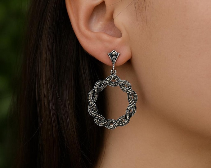 Art Deco Marcasite Drop Earrings 925 Sterling Silver Vintage Style Dangle Earrings Antique Inspired Statement Jewelry Gift