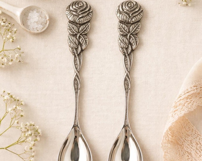 Floral 925 Sterling Silver Miniature Salt Spoons, Pair