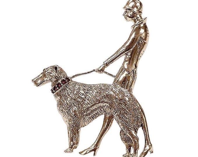 Antique Style Man Walking Dog Ruby Collar Brooch 925 Sterling Silver