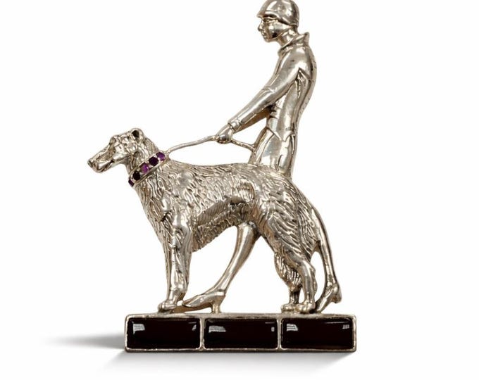 Art Deco Borzoi Dog Brooch, Ruby Onyx Malachite, Sterling Silver