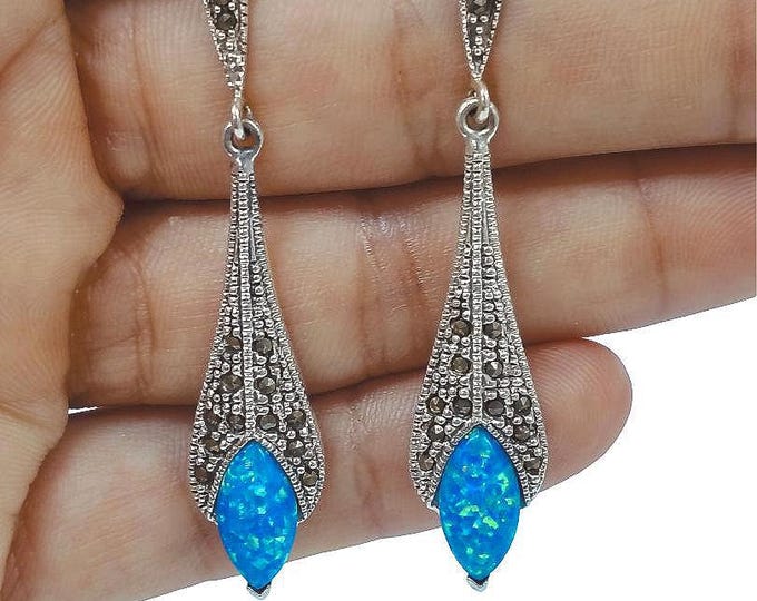 Art Deco Inspired Blue, White Gilson Opal and Marcasite 925 Sterling Silver Earrings