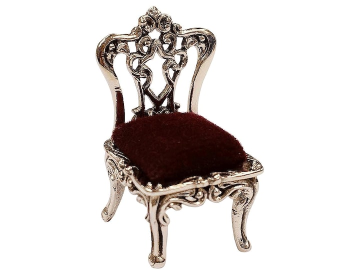 Miniature Sterling Silver Chair Pin Cushion with Red Velvet Seat Collectible Sewing Accessory, Antique Style Gift