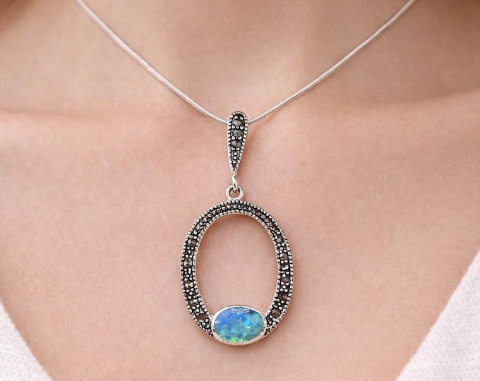 Antique Style White Blue Gilson Opal and Marcasite Pendant 925 Sterling Siver