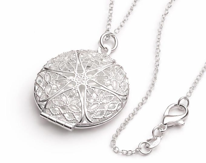 Silver Plated Filigree Locket Necklace, Vintage Floral Photo Keepsake