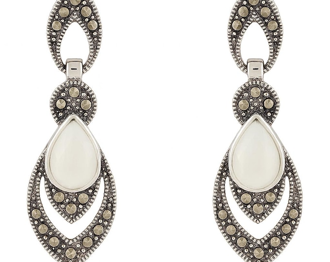 Art Deco Mother of Pearl, Onyx and Marcasite Drop Earrings 925 Sterling Silver Vintage Style Dangle Jewelry