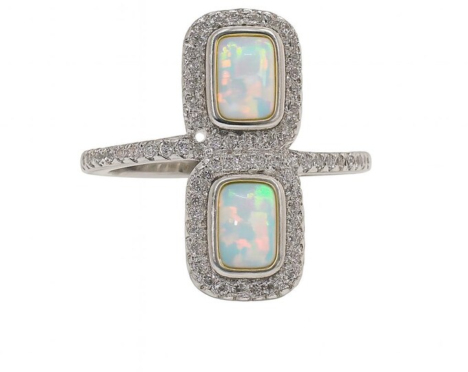 White Gilson Opal and CZ Diamond Ring 925 Sterling Silver