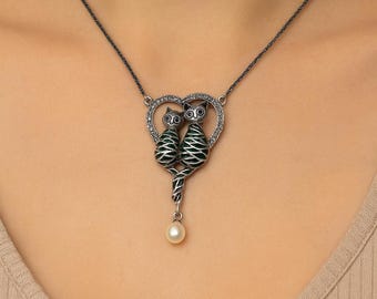 925 Sterling Silver Cat Couple Necklace with Heart, Green Enamel, Ruby Eyes & Pearl Drop Cat Lover Gift, Vintage Style Jewelry