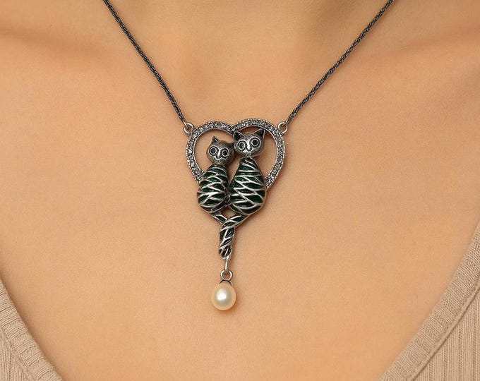925 Sterling Silver Cat Couple Necklace with Heart, Green Enamel, Ruby Eyes & Pearl Drop Cat Lover Gift, Vintage Style Jewelry