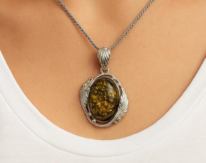 Art Nouveau Inspired Green Amber Pendant 925 Sterling Silver