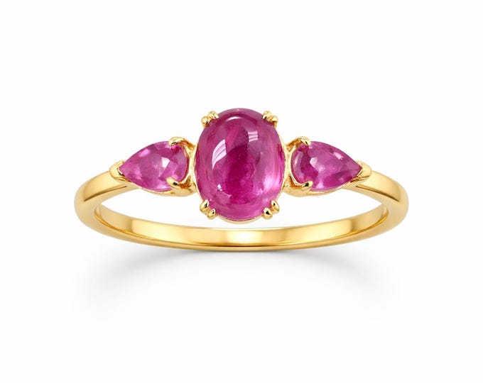 Three Stone Ruby Ring Gold Plated 925 Sterling Silver Hallmarked Size 8