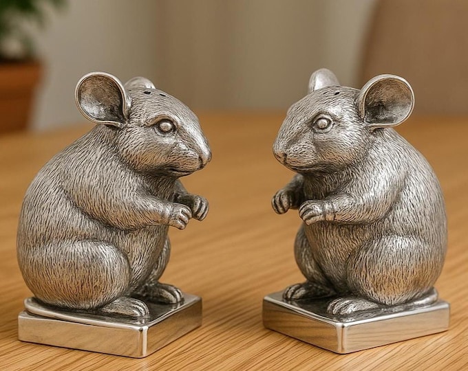 Vintage Style Silver Plated Mouse Salt and Pepper Shaker Set Collectible Animal Tableware Gift