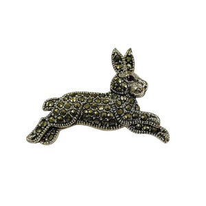 Art Deco Style Rabbit Pin Brooch with Marcasite and Ruby Stone 925 Sterling Silver